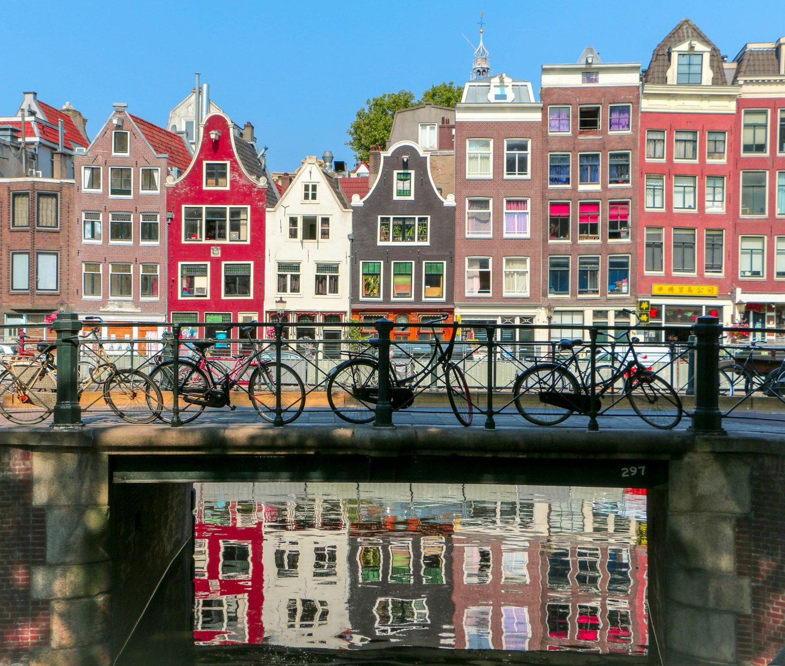 Bicycles on a bridge over a canal in Amsterdam