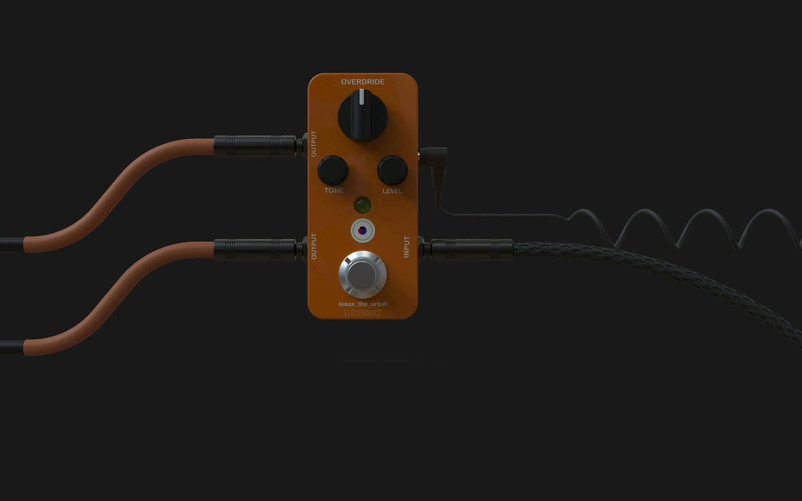 An orange guitar drive pedal with cables on a dark background